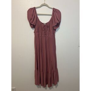Maternity Friendly Blush Mauve Peasant Midi Dress Puff Sleeve Scoop Neck Size L